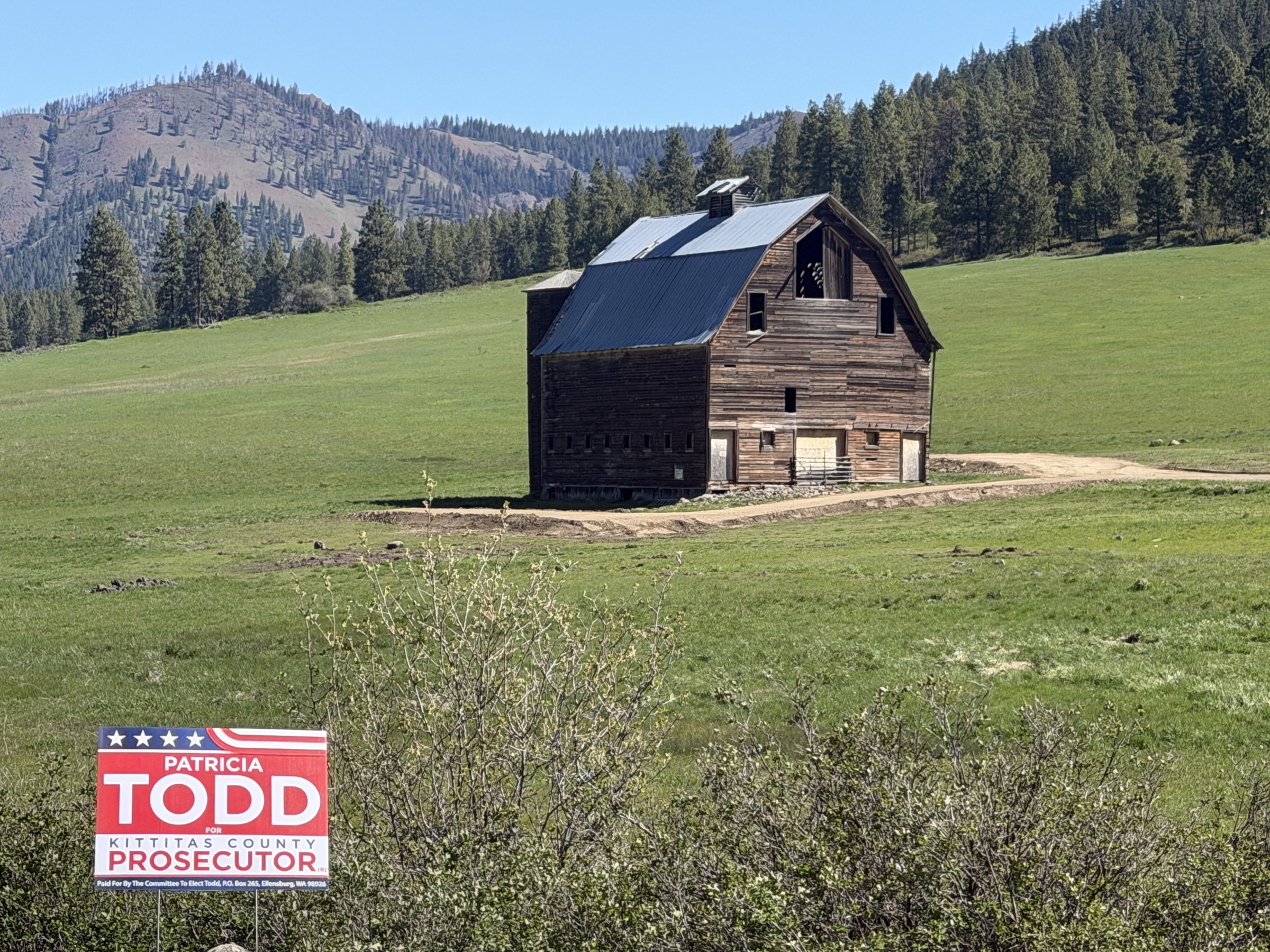 A Patricia Todd for Kittitas County Prosecutor yard sign in a Kittitas Valley field, with a barn and mountains behind